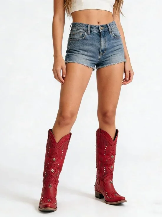 Women's Red Leather Pointed Toe Chunky Heel Pull on Zipper Cowboy Boot - Picture 4 of 6